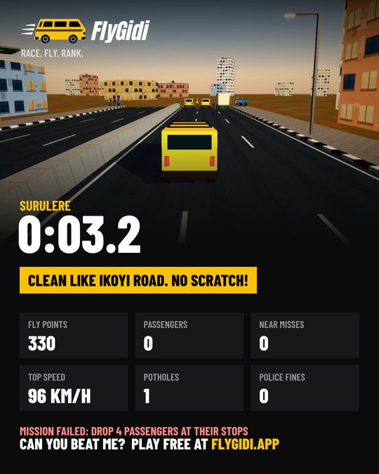 A FlyGidi 3D result card showing time, Fly Points and the verdict Clean like Ikoyi road